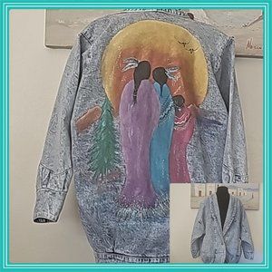 Eunina vtg 80s long jean denim jacket Southwestern artwork Native made in USA